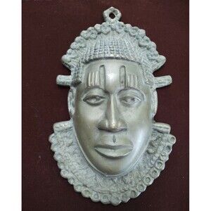 Vintage Benin Idia Bronze Sculptural Festac African Tribal Mask Wall Art